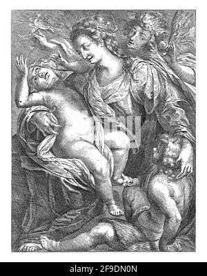 Mary sits and carries the Christ child in her arms. John the Baptist is sitting next to her. Both Christ and John are between three and five years old Stock Photo