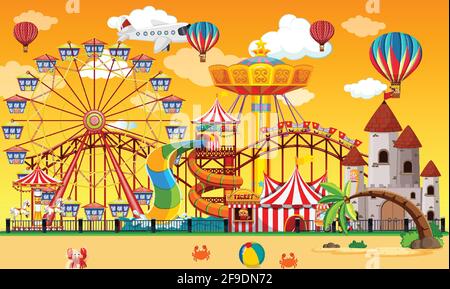 Amusement park scene at daytime with balloons in the sky illustration ...