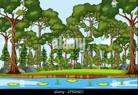 Forest scene with pond and many trees illustration Stock Vector Image ...