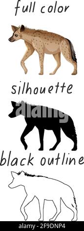 Set of hyena in color, silhouette and black outline on white background illustration Stock Vector
