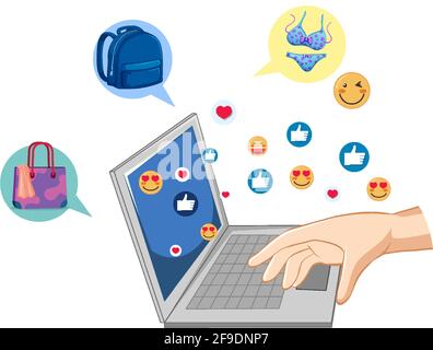 Hand using laptop with emoji icons on white background illustration Stock Vector
