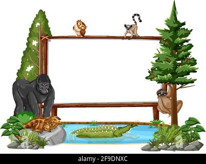 Empty banner with wild animals and rainforest trees on white background illustration Stock Vector