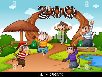 Five little monkeys jumping in the zoo scene illustration Stock Vector