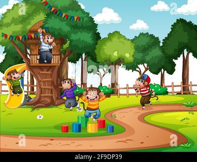 Many monkeys cartoon character playing in the jungle illustration Stock ...