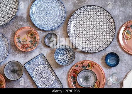 Beautiful traditional Moorish porcelain ceramic plates. illustrated middle eastern design. Marrakech Morocco. High quality photo  Stock Photo