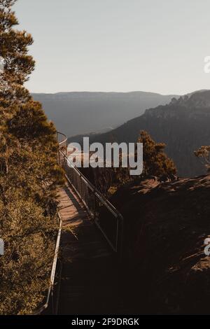 View of the Three Sisters from Sublime Point Lookout in the Blue Mountains National Park, NSW. Stock Photo