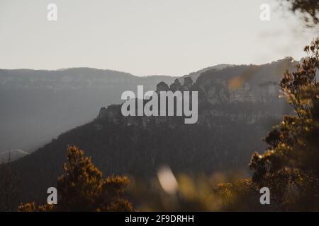 View of the Three Sisters from Sublime Point Lookout in the Blue Mountains National Park, NSW. Stock Photo