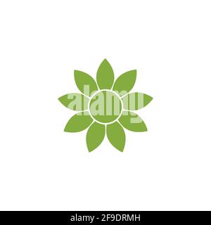 Green flat icon of sunflower with 9 sharp petals. Isolated on white. Vector simple illustration. Eco style. Nature flower symbol. Stock Vector
