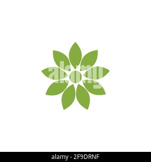 Green flat icon of sunflower with 9 sharp petals. Isolated on white. Vector simple illustration. Eco style. Nature flower symbol. Stock Vector