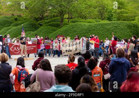 Washington, DC, USA, 17 April, 2021.  Pictured: CASA and several other pro-immigrant and pro-environment groups hold a rally at the Martin Luther King Jr. Memorial, advocating for immigrant rights.  Speakers demand that the US to end policies that cause environmental harm in other countries, which is one driver of migration to the US.  Credit: Allison C Bailey/Alamy Live News Stock Photo