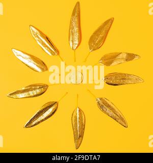 Creative concept of bitcoin in the form of a sun on a yellow background, future for cryptocurrency Stock Photo