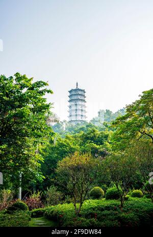 Shenzhen, China. October, 2019. The Blessing Pagoda in Shenzhen International Garden and Flower Expo Park. The 52 m (171 ft) Blessing Pagoda has the b Stock Photo
