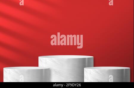 marble cylinder podium product display at red background and sunlight Stock Photo