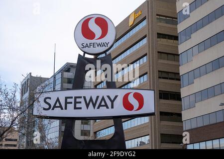 April 17 2021 - Calgary Alberta Canada - Safeway supermarket chain sign Stock Photo