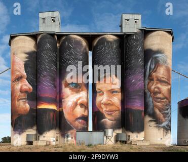 ''Indigenous'' Silo Art, Sheep Hills, Victoria, Australia Stock Photo