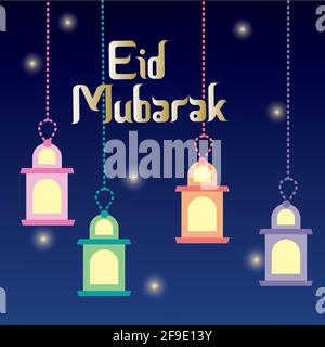 Vector Eid Mubarak Greetings Card with fanoos (fanos) Ramadan hanging down, sky in the background and a golden text. Stock Vector