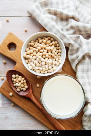Soy milk and soy on the table - healthy plant product Stock Photo