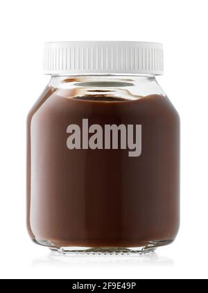 glass jar with chocolate cream isolated on white Stock Photo