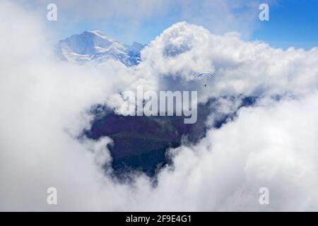 Paragliding flight over the mountain  in Switzerland. A paraglider between low clouds and with snowy mountains as background. Sky sport in the Alps, E Stock Photo