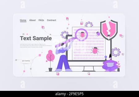 people with magnifying zoom fixing malware antivirus scanning virus attack trojan search bugs detection concept Stock Vector