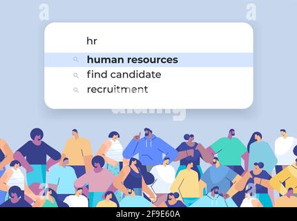 mix race people choosing hr in search bar on virtual screen human resources recruitment hiring internet networking Stock Vector