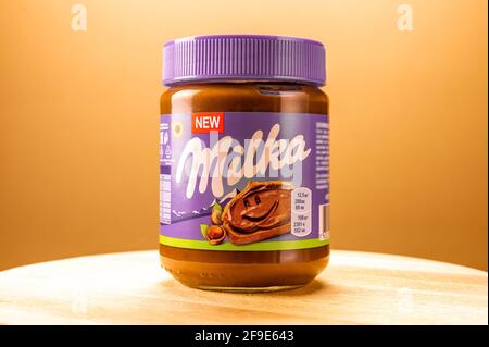 Moscow, USA - APRIL 18, 2021. jar of new milka chocolate paste with hazelnuts on a beautiful background. Milka is a chocolate brand owned by Mondelez Stock Photo
