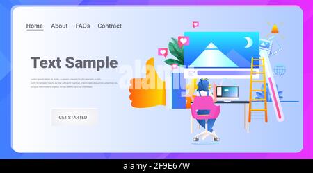 woman blogger sitting at workplace and communicating in social media network online communication concept Stock Vector