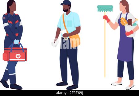 Key workers flat color vector faceless character set Stock Vector