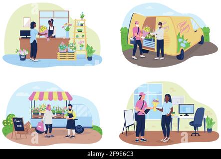 Flower shop and delivery service 2D vector web banner, poster set Stock Vector