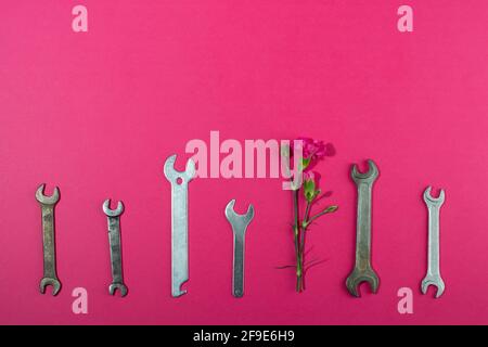 Labor Day background concept, 1 May concept. Wrench and clove pink carnation flower on pink background. Flat lay, top view. Stock Photo