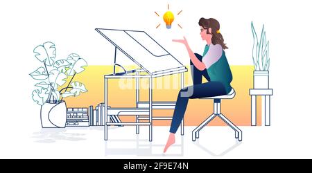 architect drawing on adjustable board panning project new creative idea concept draftsman studio interior full length horizontal vector illustration Stock Vector