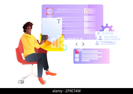 african american man using laptop reading new email message mail notification social network online communication concept horizontal full length Stock Vector