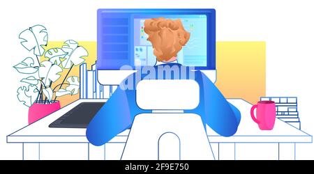 businessman analyzing financial charts and graphs statistics data on monitor stock market concept portrait Stock Vector
