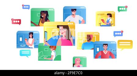 mix race friends in web browser windows chatting during video call virtual conference online communication Stock Vector