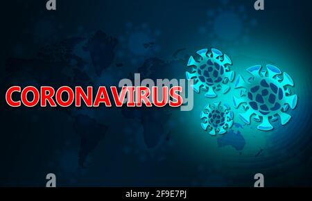 An illustration of coronavirus cells against the world map on a blue background Stock Photo