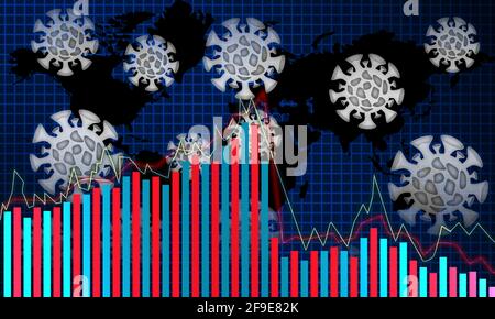 An illustration of covid-19 cells and a decreasing economic chart against the world m Stock Photo