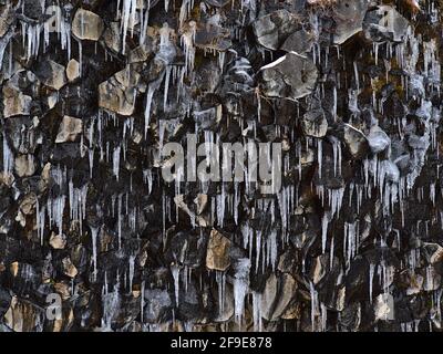 Close-up view of slope with volcanic columnar basalt rocks with icicles near near Svartifoss cascade in Skaftafell national park, south Iceland. Stock Photo