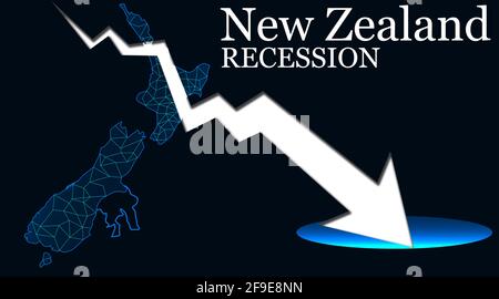 An illustration of the map of New Zealand with an arrow indicating a recession Stock Photo