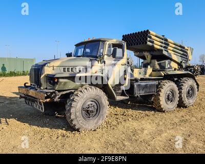 BM-21 Grad Soviet truck-mounted 122 mm multiple rocket launcher - Baku, Azerbaijan, 04-16-2021 Stock Photo
