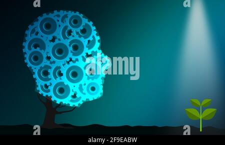An illustration of a human head with cogs and gears - business strategy and growth concept Stock Photo