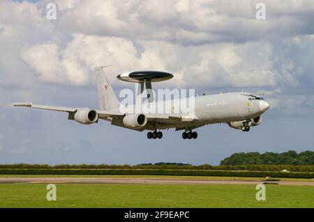 Royal Air Force RAF Boeing E-3 Sentry AWACS plane landing at RAF Waddington, UK. Airborne early warning and control (AEW&C) jet aircraft with dish Stock Photo