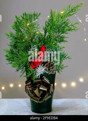 A vase with thuja branches and a pine cone is decorated with a golden rosette and fairy lights Stock Photo
