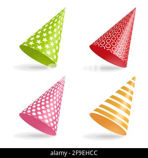 Set of colorful party hats with different design. Accessory, symbol of the holiday. Vector illustration isolated on white background Stock Vector