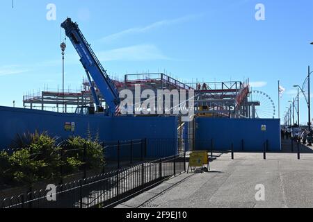 17th April 2021 Great Yarmouth sea front with new building work being erected of a new marina along the promenade Stock Photo