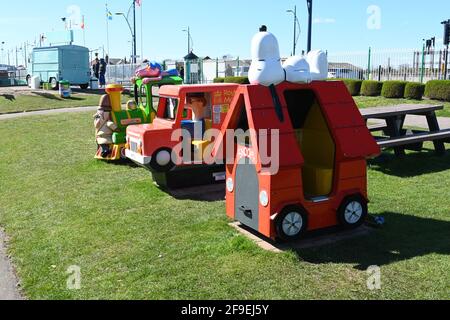 17th April 2021 Great Yarmouth coin operated rides for youngsters in the gardens of the funfair Stock Photo