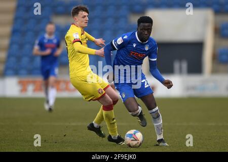 Brendan Sarpong-Wiredu of Colchester United looks to get past Cameron Norman of Walsall - Colchester United v Walsall, Sky Bet League Two, JobServe Community Stadium, Colchester, UK - 17th April 2021  Editorial Use Only - DataCo restrictions apply Stock Photo