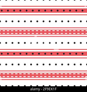 Vector stripes and polka dot seamless pattern background. Modern red black white backdrop with shirting horizontal stripe repeat in varying widths Stock Vector