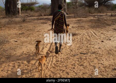 Hadzabe hunters on a hunting expedition. The Hadza, or Hadzabe, are an ethnic group in north-central tanzania, living around Lake Eyasi in the Central Stock Photo