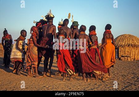 The Turkana are a Nilotic people native to the Turkana County in northwest Kenya, a semi-arid climate region bordering Lake Turkana in the east, Pokot Stock Photo