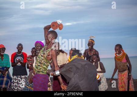 The Turkana are a Nilotic people native to the Turkana County in northwest Kenya, a semi-arid climate region bordering Lake Turkana in the east, Pokot Stock Photo